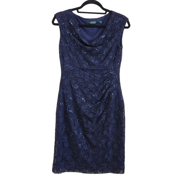 90's Ralph Lauren Floral Cowl Neck Sequin Lace Sheath Dress Navy Blue Size 6 - Picture 1 of 8
